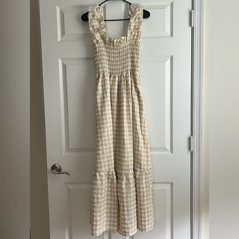 Chouyatou Tan & White Gingham Cottagecore Smocked Shirred Maxi Dress Medium - Picture 4 of 7